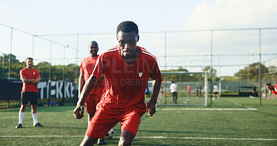 Buy stock photo Field, soccer and man with team for training, game practice and running for sports competition. Football player, person and outdoor for exercise, fitness challenge and match with athlete at stadium