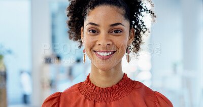 Buy stock photo Business, portrait or woman with smile in office for marketing internship, career path or development. Creative intern, african person or happy at startup for personal growth, about us and confidence