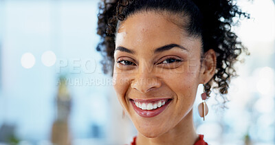 Buy stock photo Business, woman and happy with portrait in office for marketing internship, new job and pride. Creative intern, african person and confidence at agency for career development, about us or opportunity