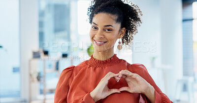 Buy stock photo Happy, portrait and businesswoman with heart hands in office for trust gesture with creative career. Smile, emoji and female magazine editor with love sign for job opportunity at startup agency.