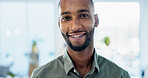Business, portrait and man with smile in office for marketing internship, career path and development. Creative intern, black person or happy at startup for personal growth, about us and confidence