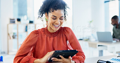 Buy stock photo Tablet, happy and businesswoman in office with research for website development with online project. Smile, digital technology and female UX designer with email for feedback on app in workplace.