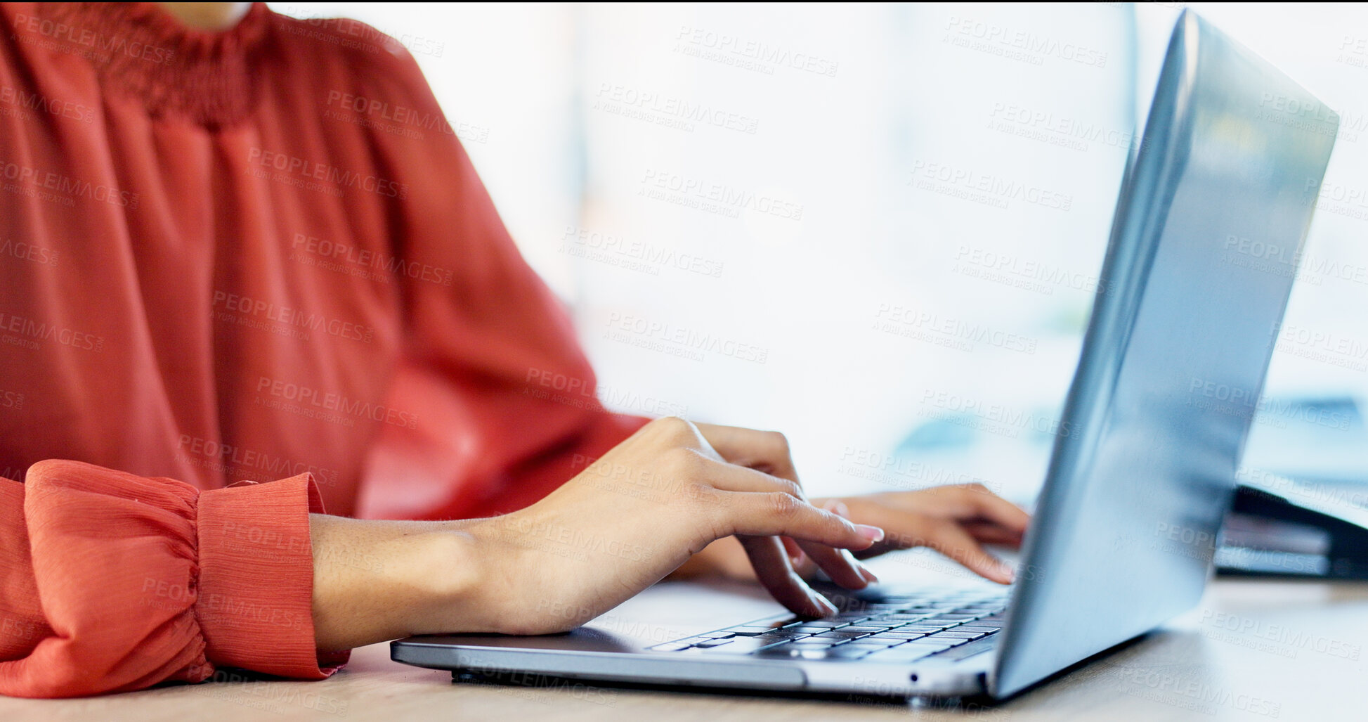 Buy stock photo Business, woman and typing with laptop in office for research, editing draft and update story. Editor, keyboard and pc for proofreading, email source and copywriting schedule for article publication