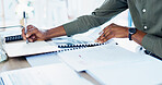 Documents, writing and hands of businessman in office with annual finance report for planning. Paperwork, notes and male financial analyst with budget auditing for company investment in workplace.