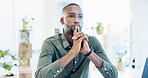 Thinking, ideas and businessman in office with decision, reflection or choice for legal career. Serious, job and environmental attorney with problem solving, solution or brainstorming for law case.