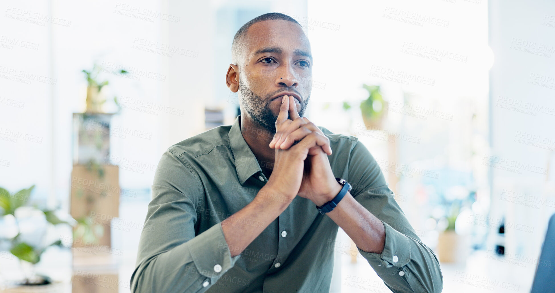 Buy stock photo Thinking, ideas and businessman in office with decision, reflection or choice for legal career. Serious, job and environmental attorney with problem solving, solution or brainstorming for law case.