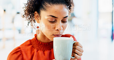 Buy stock photo Home, coffee cup and woman drinking for relaxation, calm and peace with wellness in living room. Taste, aroma and person with eyes closed, enjoying hot tea or beverage for comfort, morning or break