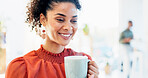 Business, office and happy woman with coffee for break, inspiration and start on creative project. Morning, wellness and copywriter with beverage or drink for productivity, planning or good mood