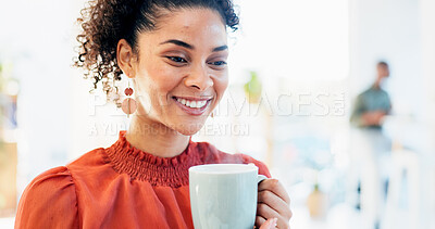 Buy stock photo Business, office and happy woman with coffee for break, inspiration and start on creative project. Morning, wellness and copywriter with beverage or drink for productivity, planning or good mood