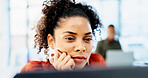 Laptop, business and woman thinking for problem solving or decision with copywriting idea. Reading, review and creative editor on computer with proofreading, article or newsletter in agency office