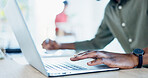 Hands, business and man with laptop in office for research, editing draft and update story. Editor, typing and tech for proofreading, email source and copywriting schedule for article publication