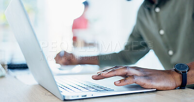 Buy stock photo Hands, business and man with laptop in office for research, editing draft and update story. Editor, typing and tech for proofreading, email source and copywriting schedule for article publication