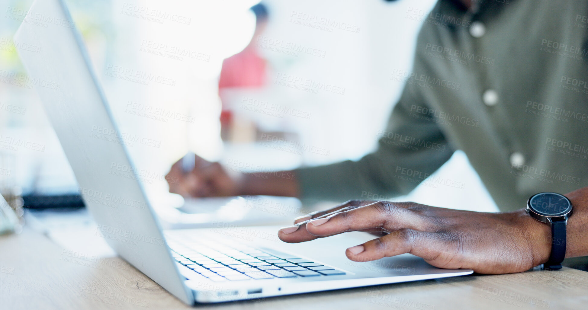 Buy stock photo Hands, business and man with laptop in office for research, editing draft and update story. Editor, typing and tech for proofreading, email source and copywriting schedule for article publication