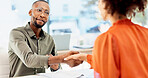 Interview, resume or people in office with handshake, meeting or hello for onboarding process. CV, hiring and recruiter with candidate shaking hands for welcome, greeting or career opportunity