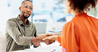 Buy stock photo Interview, resume or people in office with handshake, meeting or hello for onboarding process. CV, hiring and recruiter with candidate shaking hands for welcome, greeting or career opportunity