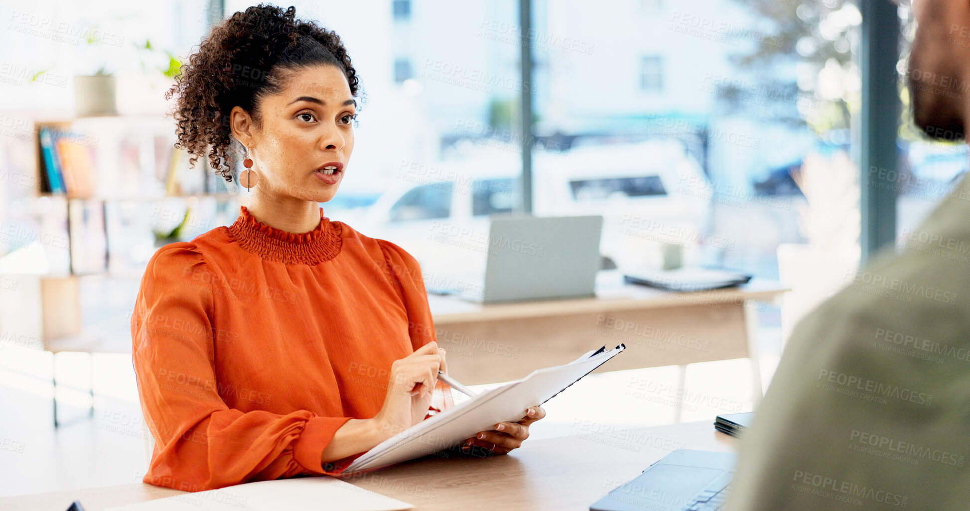 Buy stock photo Interview, meeting and woman in office with resume, for onboarding process or discussion. CV review, talking and HR recruiter with document of candidate for career opportunity, new job or portfolio