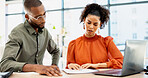 Planning, documents and people in office on laptop with risk management, review or advisor analysis. Strategy, paperwork and broker with team solution for insurance claim, report or problem solving