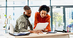 Document, business and people in office with advice, planning or review of resume for hiring. Application, portfolio and human resources team with paper for question, decision or career assessment