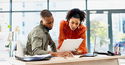 Buy stock photo Document, business and people in office with advice, planning or review of resume for hiring. Application, portfolio and human resources team with paper for question, decision or career assessment