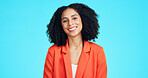 Smile, woman and portrait of teacher in studio with professional pride for education career. Happy, about us and elementary educator with confidence for job opportunity by blue background in Mexico.