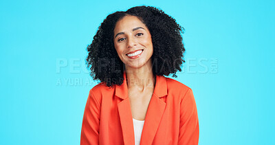 Buy stock photo Smile, woman and portrait of teacher in studio with professional pride for education career. Happy, about us and elementary educator with confidence for job opportunity by blue background in Mexico.