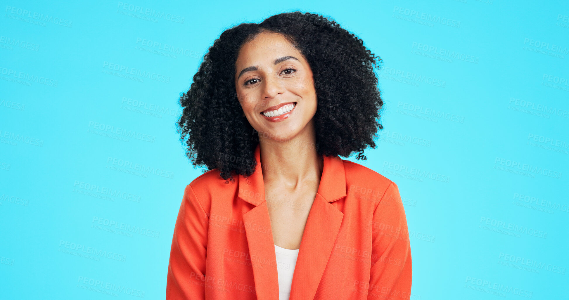Buy stock photo Smile, woman and portrait of teacher in studio with professional pride for education career. Happy, about us and elementary educator with confidence for job opportunity by blue background in Mexico.