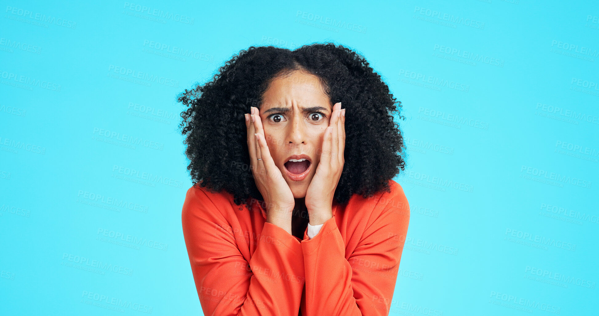 Buy stock photo Portrait, businesswoman and surprise in studio with stress, bankruptcy notice and bad news for job. Space, person and shock with work challenge, liquidation rumor and debt risk on blue background.