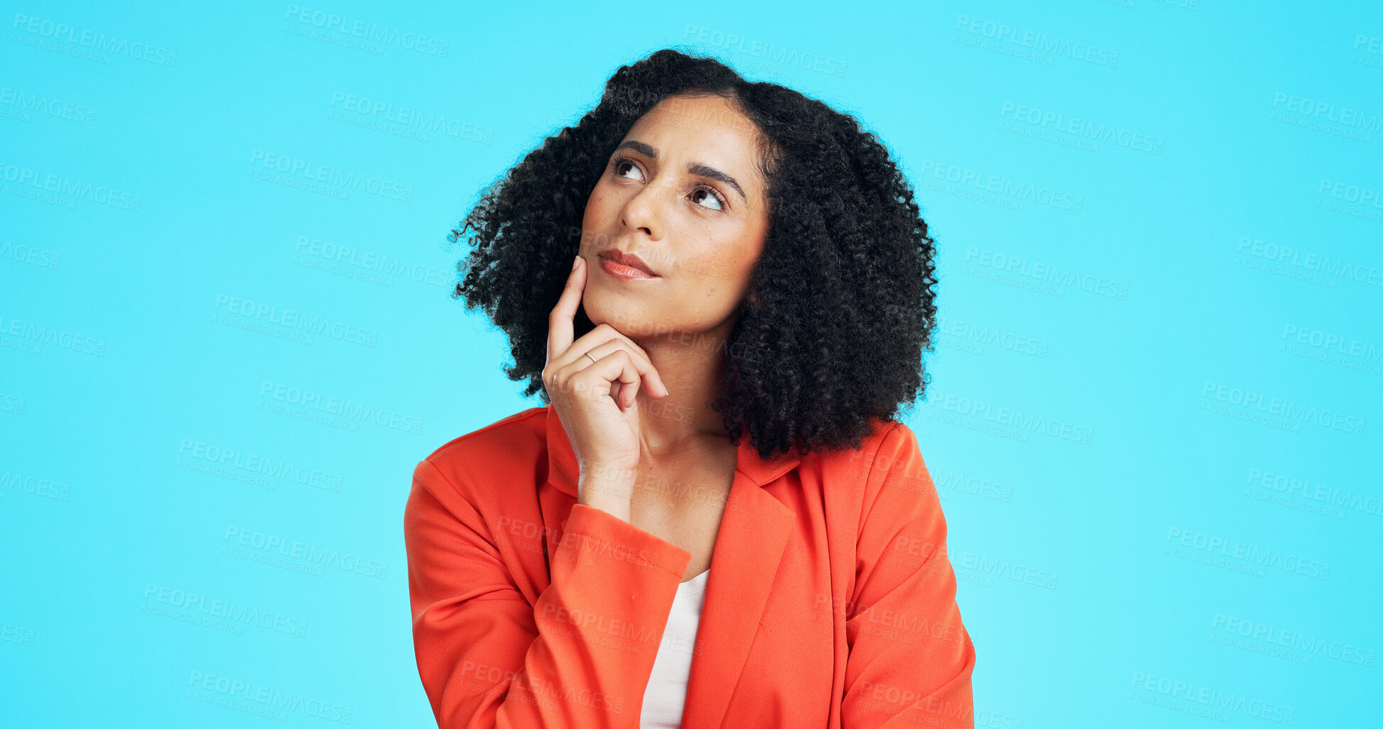 Buy stock photo Thinking, business or woman with decision in studio for marketing, creative career or branding solution. Reflection, planning or marketer with idea for campaign development, space or blue background