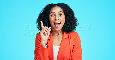 Buy stock photo Woman, surprise and portrait with idea in studio for business solution on a blue background. Excited, female person or shock with smile, alert or answer for good news, notification or eureka on space