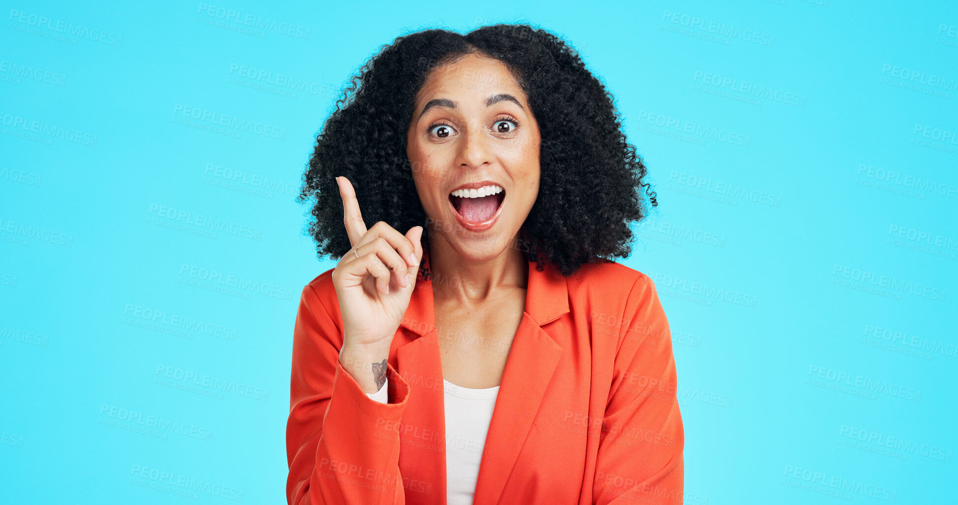 Buy stock photo Woman, surprise and portrait with idea in studio for business solution on a blue background. Excited, female person or shock with smile, alert or answer for good news, notification or eureka on space