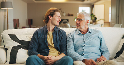 Buy stock photo Love, home and senior father with man for conversation, connection and bonding together on weekend. Elderly dad, son or talking on sofa with parent for relax, advice and support in living room