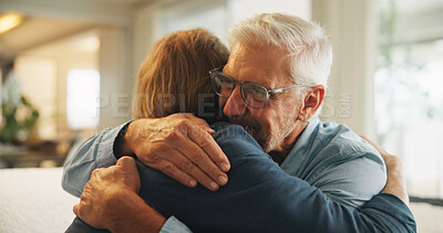 Buy stock photo Happy, hug and man with senior father in home for support, bonding and congratulations on good news. Smile, love and male person embracing elderly dad for comfort, care and family connection in house