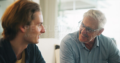 Buy stock photo Love, home and elderly father with man for conversation, connection and bonding together on weekend. Senior dad, son or talking on sofa with parent for advice, smile and support in living room