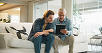 Family, old man and son with tablet in living room, skill development and listen to app explanation. Senior dad, learning and watching tutorial on web, digital literacy and people with tech in house