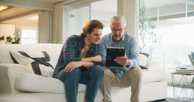 Buy stock photo Family, old man and son with tablet in living room, skill development and listen to app explanation. Senior dad, learning and watching tutorial on web, digital literacy and people with tech in house
