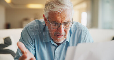Buy stock photo Documents, confused and old man in home with stress, angry or question for insurance on sofa. Shocked, frustrated and senior person reading paperwork for decision, mistake or financial report

