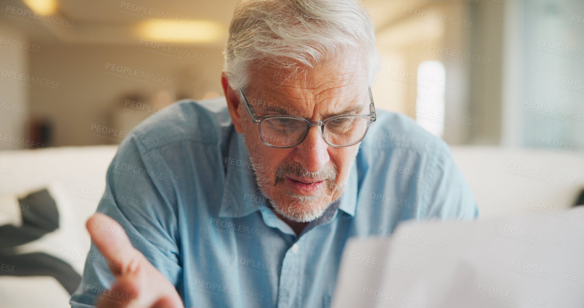 Buy stock photo Documents, confused and old man in home with stress, angry or question for insurance on sofa. Shocked, frustrated and senior person reading paperwork for decision, mistake or financial report
