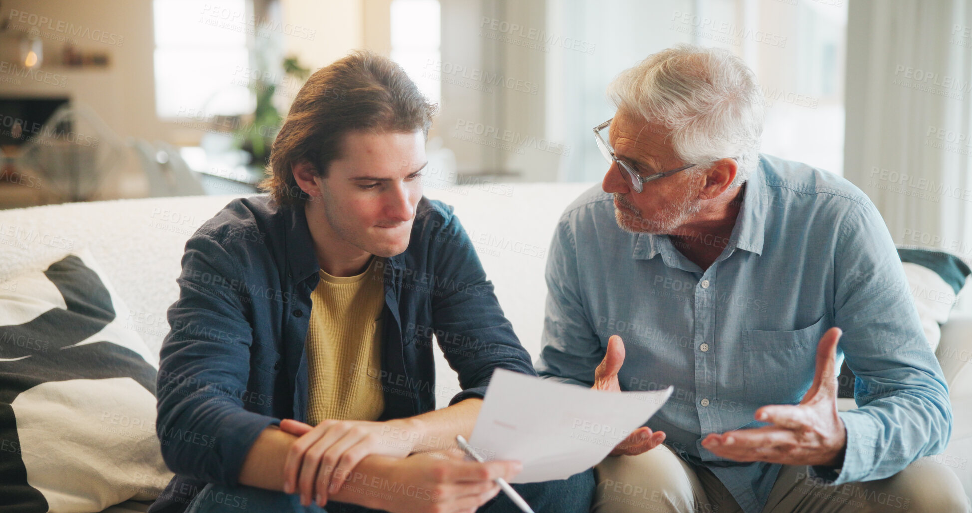 Buy stock photo Argue, man or senior father with document on sofa, financial crisis or invoice for university fees. Fight, old person or son with scholarship termination for debt, funding planning or upset in home