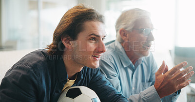 Buy stock photo Home, man and senior father watching tv, sports competition and soccer match for weekend bonding. Live streaming, football fans and people with tournament broadcast for connection, flare or attention