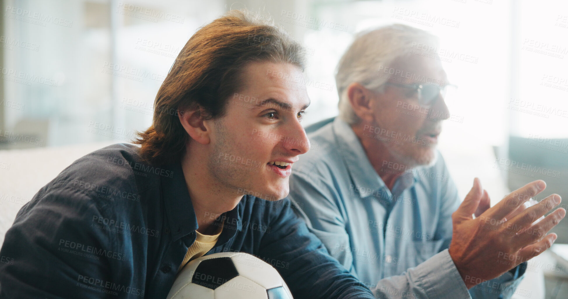 Buy stock photo Home, man and senior father watching tv, sports competition and soccer match for weekend bonding. Live streaming, football fans and people with tournament broadcast for connection, flare or attention