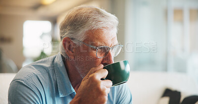 Buy stock photo Thinking, old man and drink coffee in home for calm, relax and perspective with retirement in morning. Thoughts, living room and senior person with beverage, nostalgia and remember memory with peace