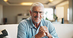 Happy, relax and portrait of senior man on sofa in home for peaceful, calm and weekend break in morning. Pensioner, smile and elderly male person with positive attitude for retirement in living room.