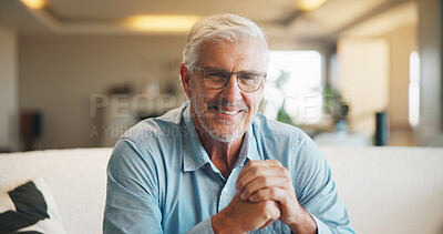 Buy stock photo Happy, relax and portrait of senior man on sofa in home for peaceful, calm and weekend break in morning. Pensioner, smile and elderly male person with positive attitude for retirement in living room.