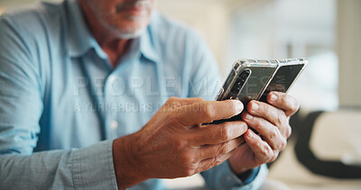 Buy stock photo Hands, phone and old person in home for communication, reading ebook or games on sofa. Relax, texting and pensioner on mobile app for connection, social media or subscription service for weekend