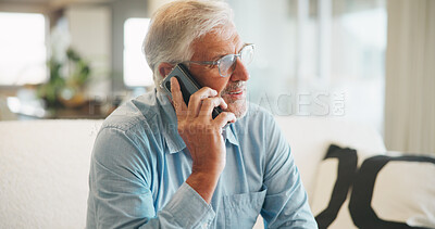 Buy stock photo Phone call, thinking and senior man on sofa in home with communication, discussion or connection. Ideas, cellphone and elderly male person on mobile conversation for retirement plan in living room.