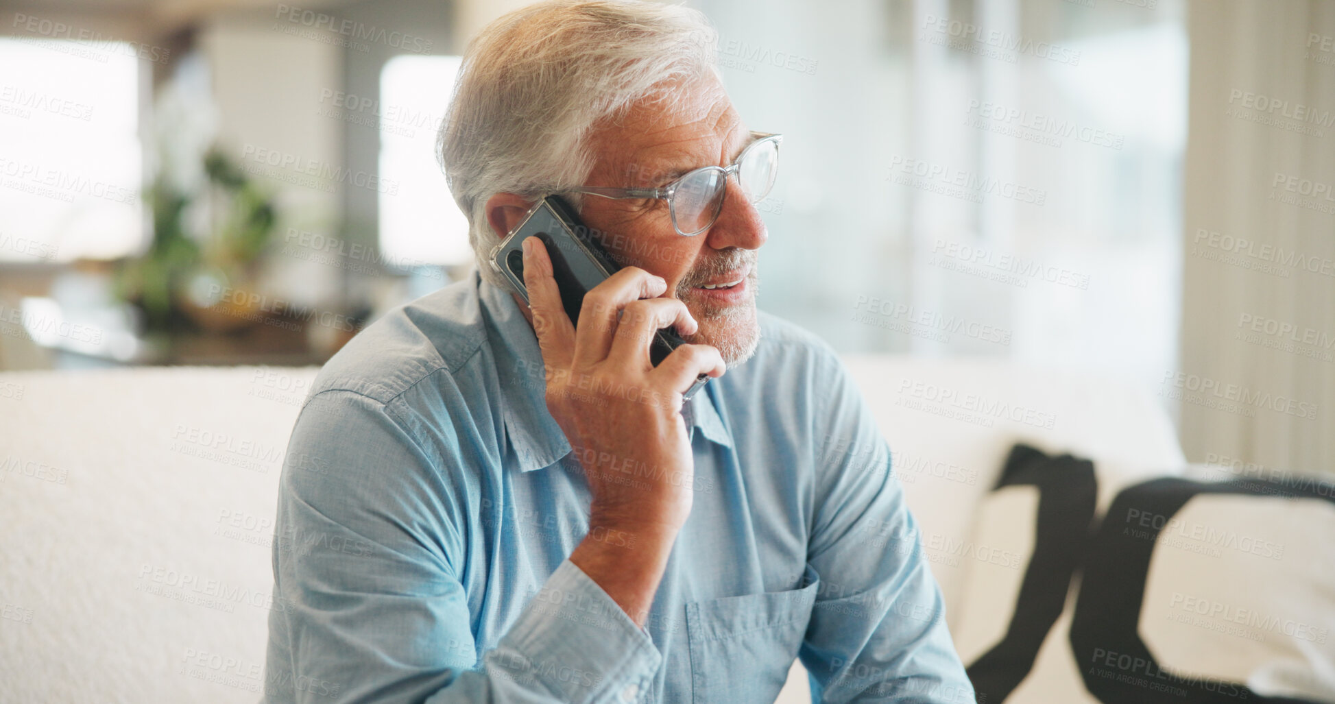 Buy stock photo Phone call, thinking and senior man on sofa in home with communication, discussion or connection. Ideas, cellphone and elderly male person on mobile conversation for retirement plan in living room.