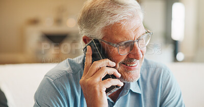 Buy stock photo Phone call, home and elderly man on sofa with conversation, discussion and chat in retirement. Morning, senior person and networking with technology in lounge with communication on living room couch