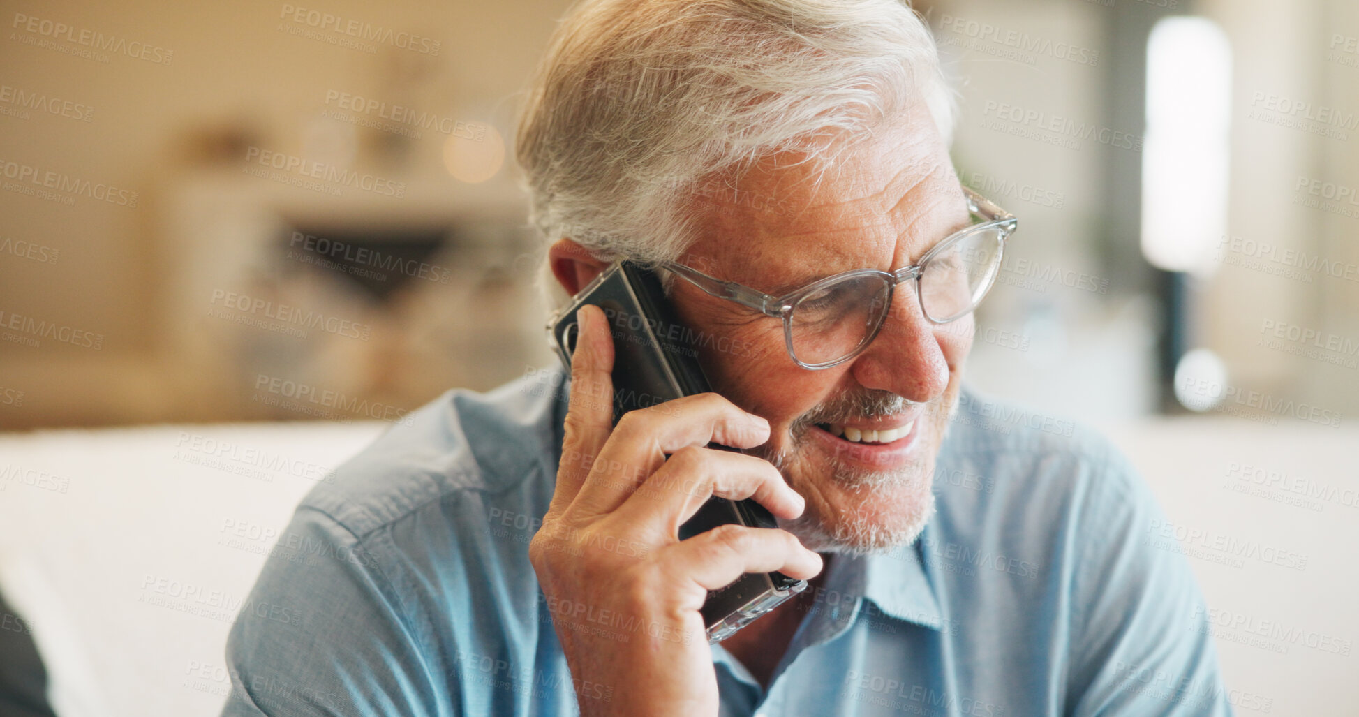 Buy stock photo Phone call, home and elderly man on sofa with conversation, discussion and chat in retirement. Morning, senior person and networking with technology in lounge with communication on living room couch