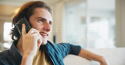 Buy stock photo Phone call, talking and man in living room of home for smile with discussion, contact or networking. Happy, communication and person with digital tech for conversation, relax or chat in lounge