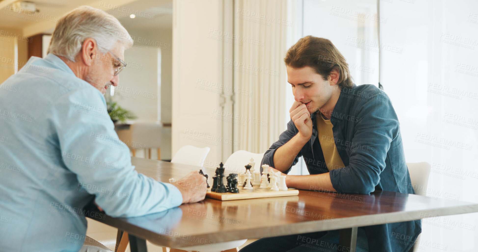 Buy stock photo Senior father, son and chess in home with strategy, solution or problem solving in contest for weekend. Family, boardgame and bonding with competition for thinking, knowledge or challenge in house